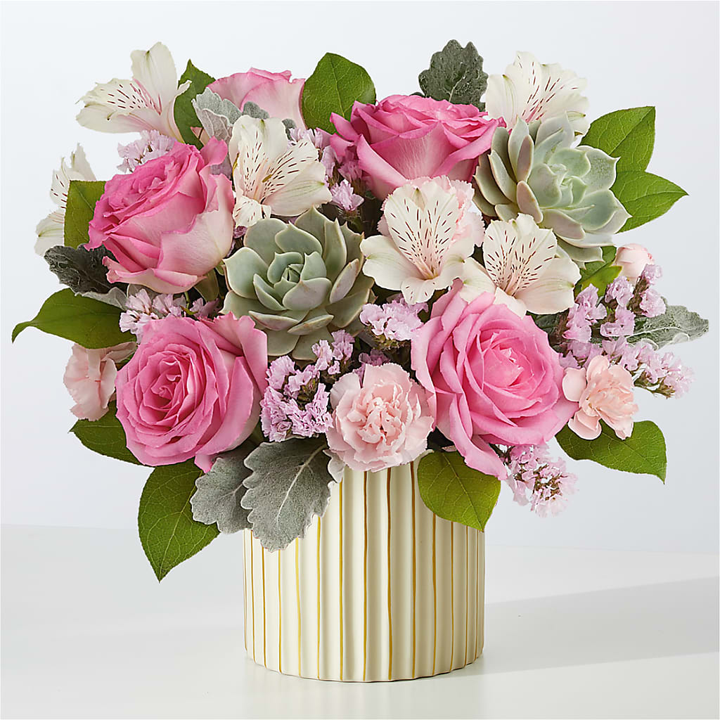 Dusty Rose Bouquet with Ivory Vase – Decor Flowers And Events, Katy TX